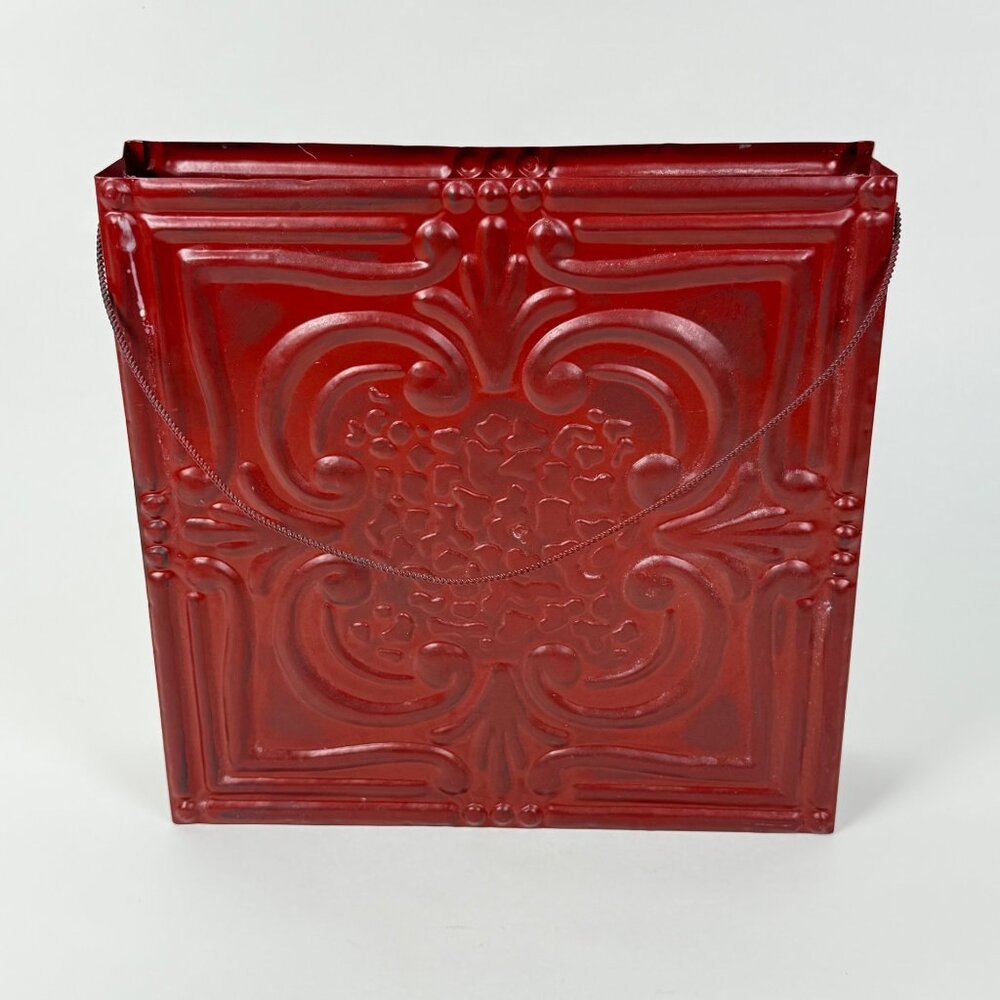 Rustic Red Metal Embossed Thin Basket Storage Decor with Handle